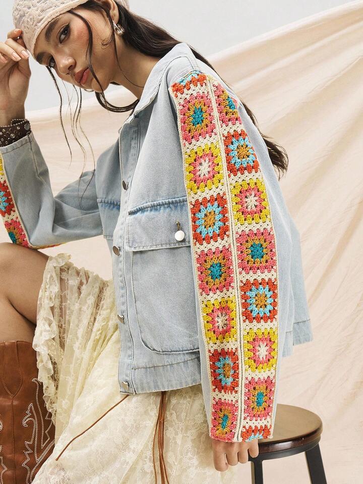 CM-CS335360 Women Casual Seoul Style Collar Neckline Stitching Multi-Color Sleeves Pattern Pattern Denim Jacket - Blue