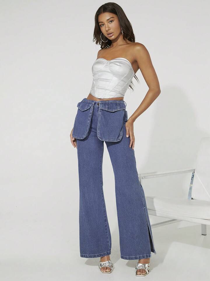 CM-BS912251 Women Casual Seoul Style Medium Wash Flap Pocket Contrast Wide Leg Jeans