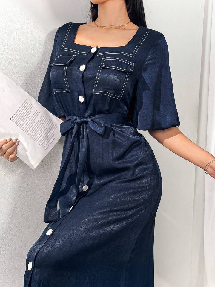 CM-DS778490 Women Elegant Seoul Style Square Neck Front Button Tie-Waist Short Sleeve Dress - Blue