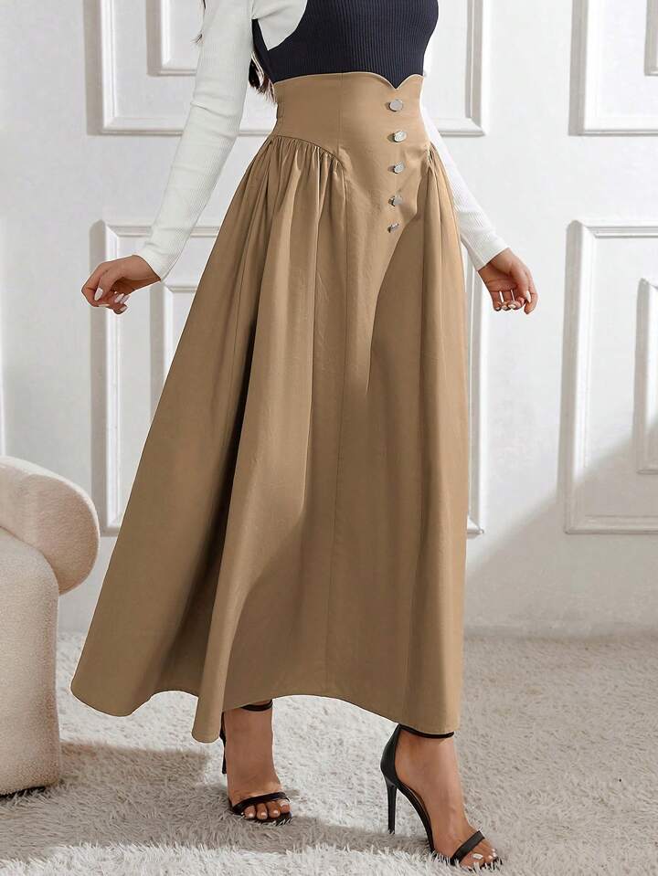 CM-BS236107 Women Elegant Seoul Style Button Decorated Pleated Skirt - Khaki