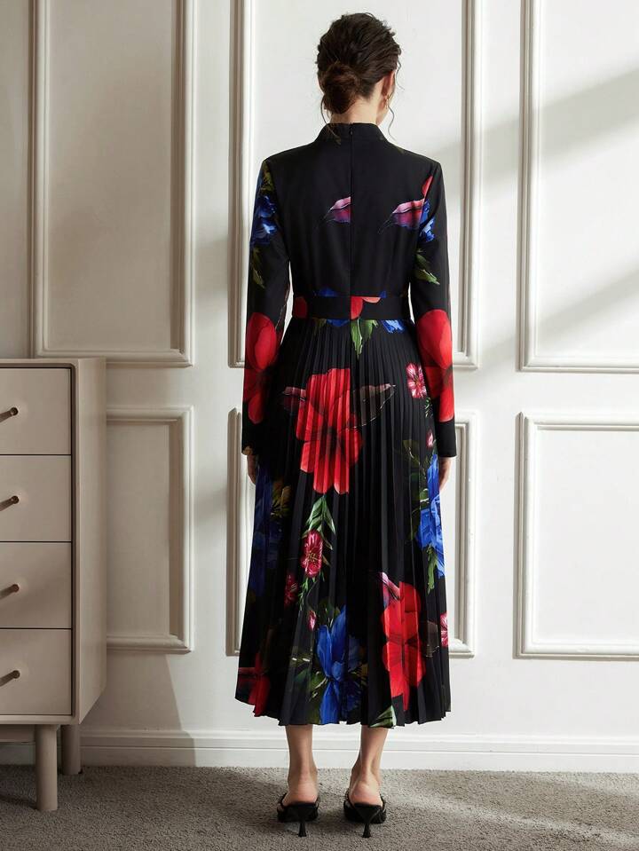 CM-DS903060 Women Retro Seoul Style Floral Print Stand Colla Metal Buttons Pleated Hem Dress