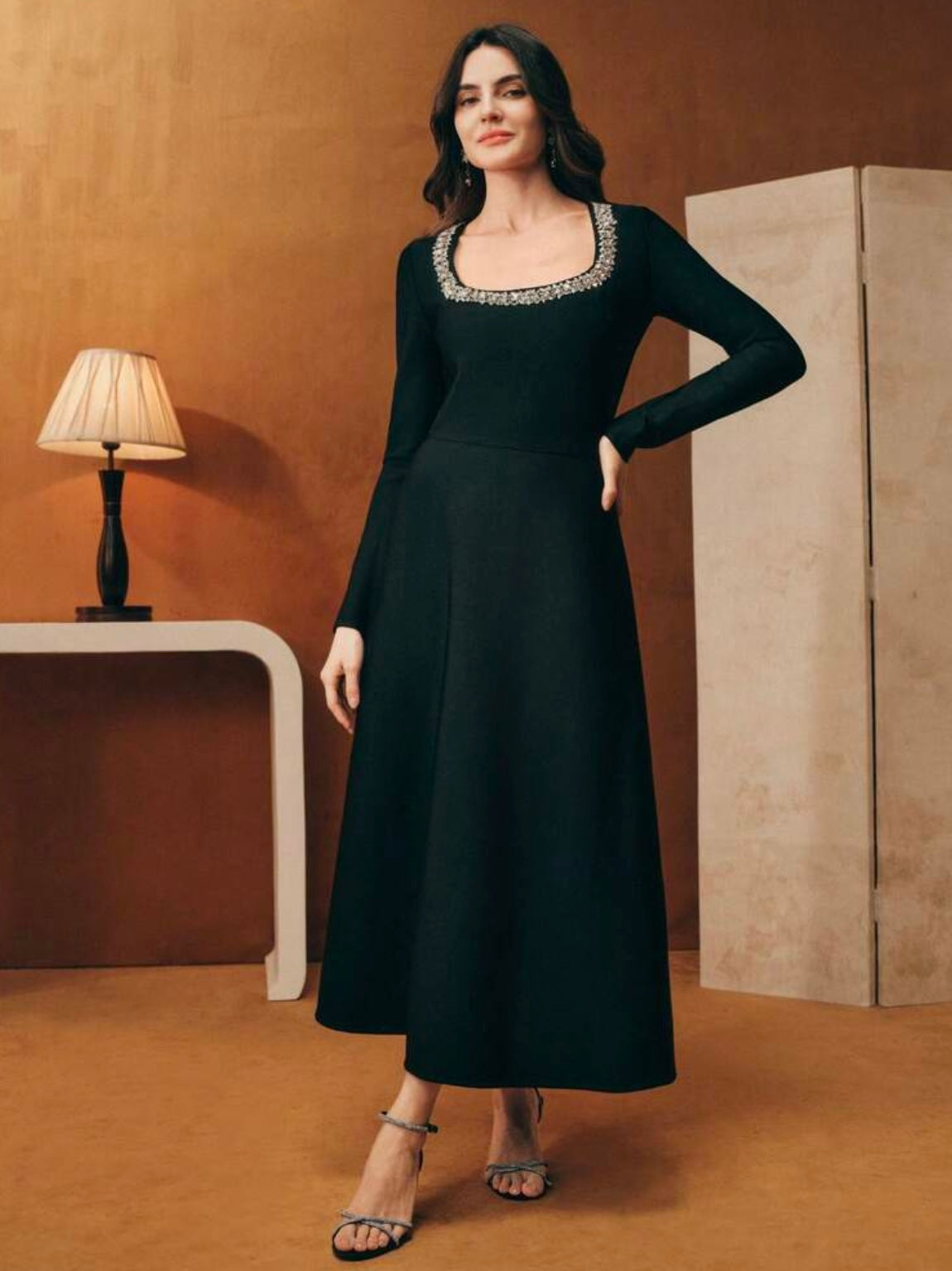 CM-DS016057 Women Elegant Seoul Style Square Neck Long Sleeve Rhinestone Bandage Ribbed A-Line Dress - Black