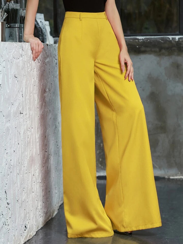 CM-BS513222 Women Elegant Seoul Style Solid Mid Waist Zip Back Wide Leg Pants - Yellow