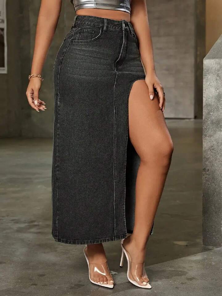 CM-BS713649 Women Casual Seoul Style Solid Color Split Thigh Denim Skirt - Black