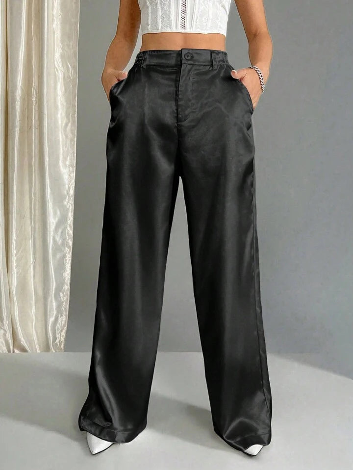 CM-BS020018 Women Casual Seoul Style Satin Elastic Waist Wide Leg Palazzo Pants - Black