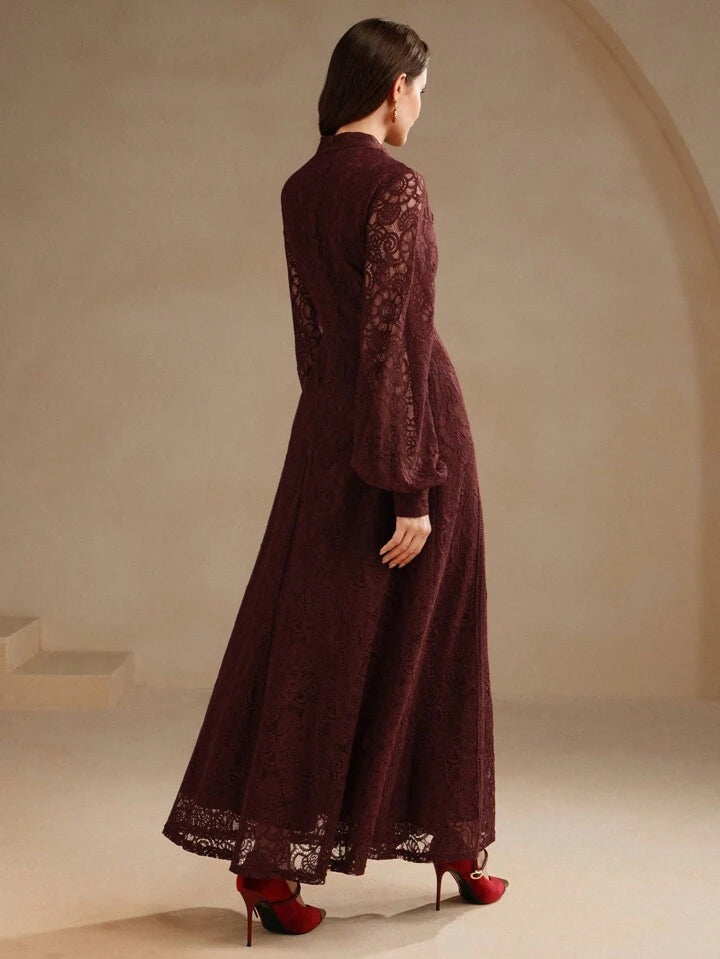 CM-DS163124 Women Elegant Seoul Style Lace Mandarin Collar Long Sleeve A-Line Dress - Burgundy