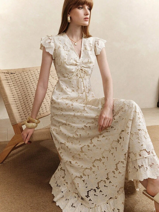 CM-DS803311 Women Elegant Seoul Style Lace Embroidered Hollow-Out V-Neck Ruched Waist Maxi Dress - Apricot