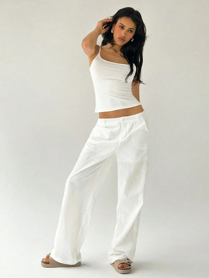 CM-BS275741 Women Casual Seoul Style Solid Color Low Waist Loose Straight Leg Pants - White