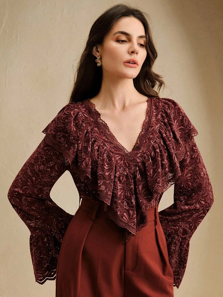 CM-TS377738 Women Elegant Seoul Style V-Neck Velvet Lace Ruffle Trim Long Sleeve Blouse - Burgundy