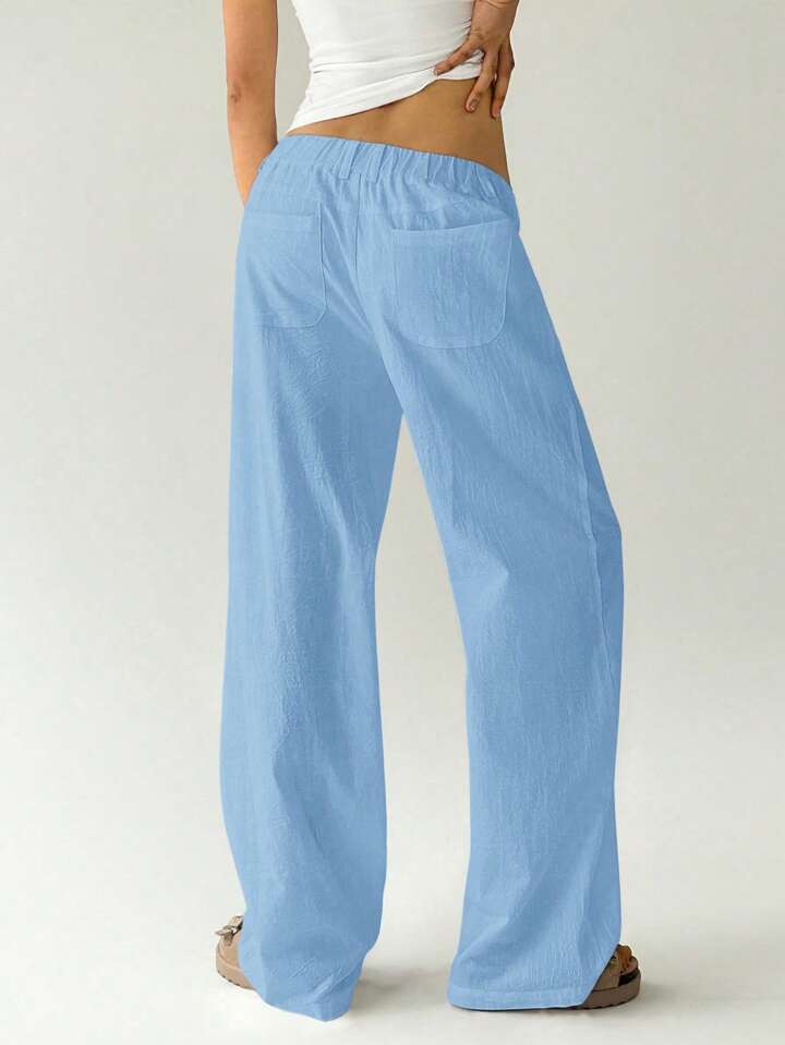 CM-BS214435 Women Casual Seoul Style Solid Color Low Waist Loose Straight Leg Pants - Blue