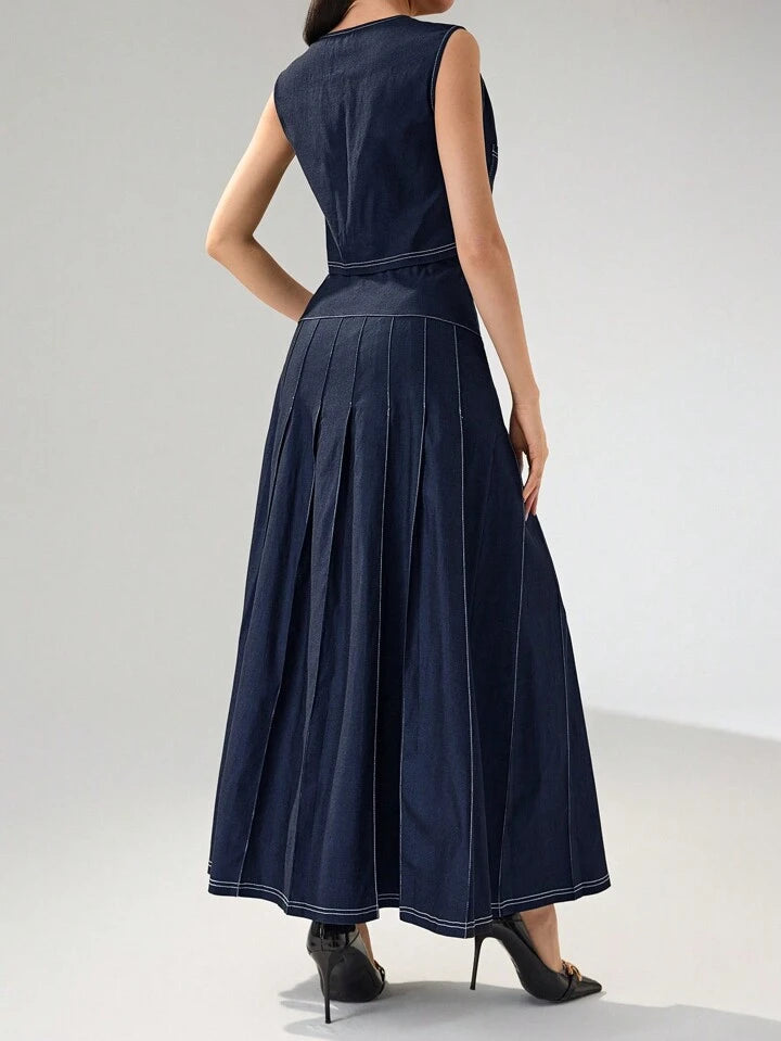 CM-SS998951 Women Elegant Seoul Style V-Neck Front Button Sleeveless Blouse With A-Line Skirt - Set