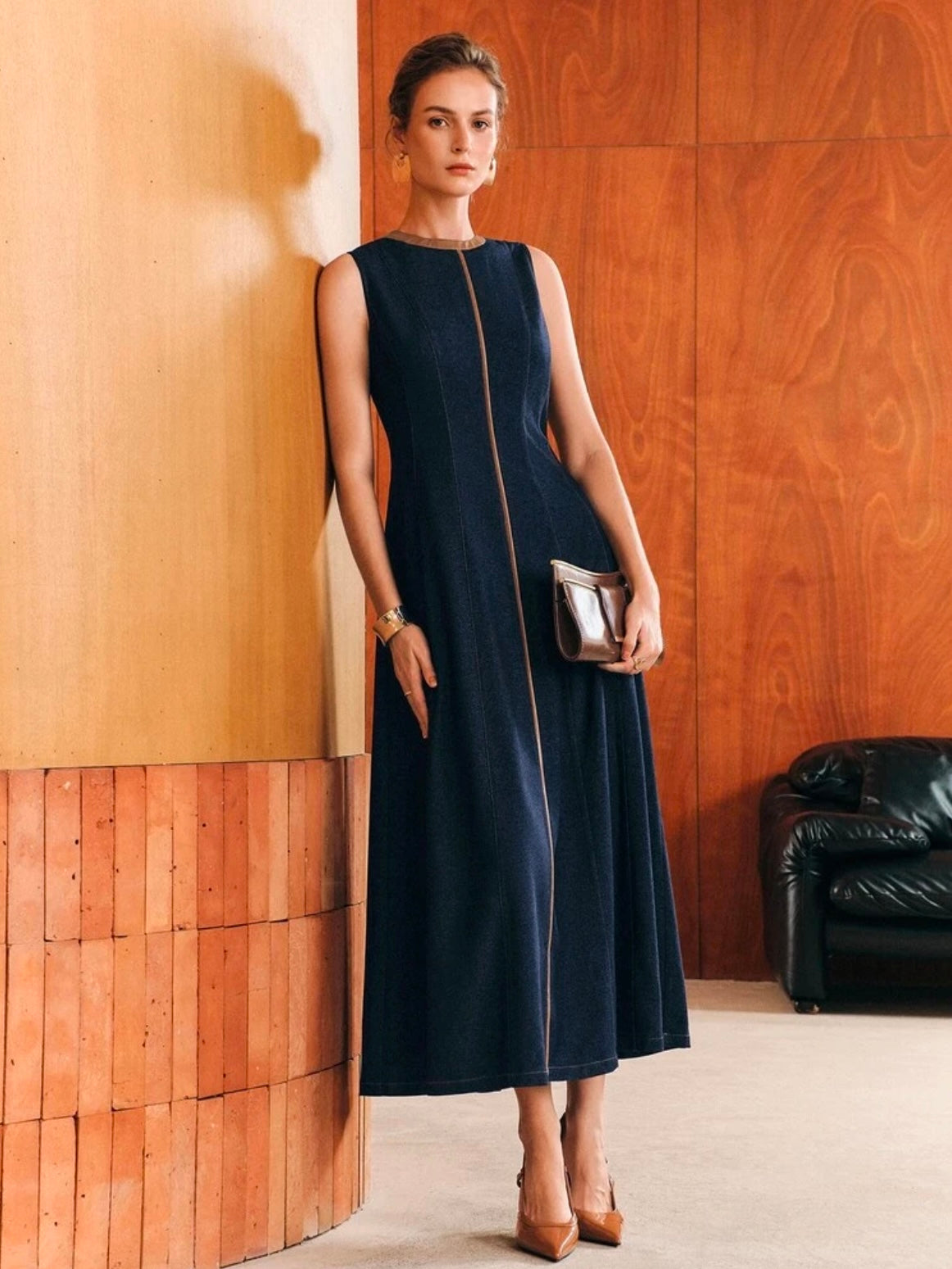 CM-DS805384 Women Elegant Seoul Style PU Collar Contrast Color Faux Denim Effect Long A-Line Sleeveless Dress - Navy Blue