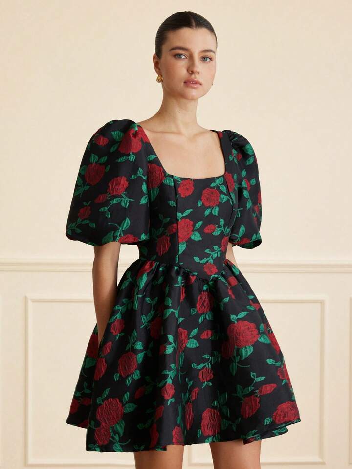 CM-DS647648 Women Elegant Seoul Style Contrast Color Floral Jacquard Square Collar Puff Sleeve Short Dress