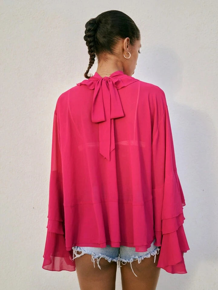 CM-TS583554 Women Trendy Bohemian Style Stand Collar Loose Fit Ruffle Trim Long Sleeve Shirt - Hot Pink