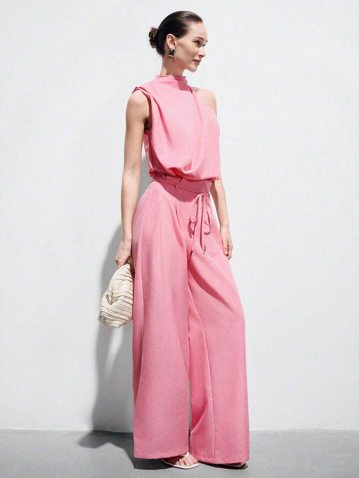 CM-SS704475 Women Elegant Seoul Style Loose High Collar Design Top With Drawstring Waist Straight Loose Pants - Set