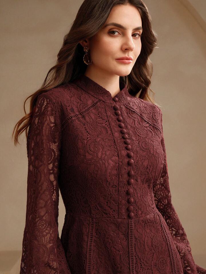 CM-DS163124 Women Elegant Seoul Style Lace Mandarin Collar Long Sleeve A-Line Dress - Burgundy