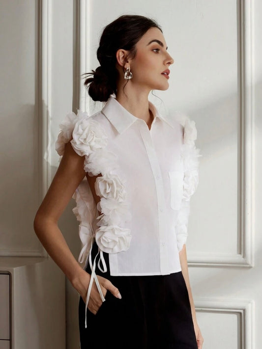 CM-TS726127 Women Elegant Seoul Style 3D Floral Hollow-Out Tie Up Sleeveless Shirt - White
