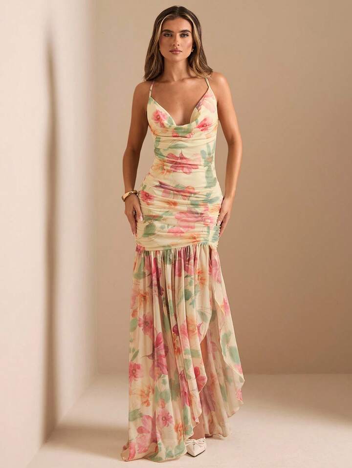 CM-DS148724 Women Trendy Bohemian Style Deep Draped Neck High Slit Floral Print Fitted Mesh Dress - Light Yellow
