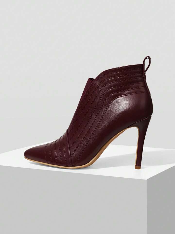 CM-SHS001358 Women Trendy Seoul Style Quilted Line Pointed Toe High Heel Ankle Boots - Burgundy