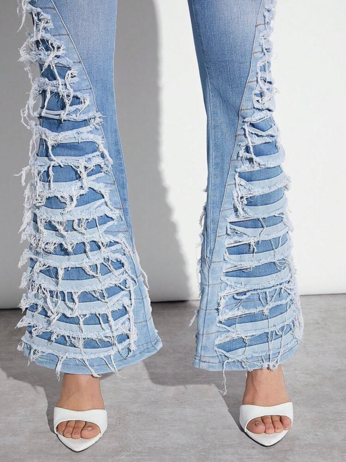 CM-BS802817 Women Casual Seoul Style Medium Wash Ripped Layered Panel Flare Leg Jeans