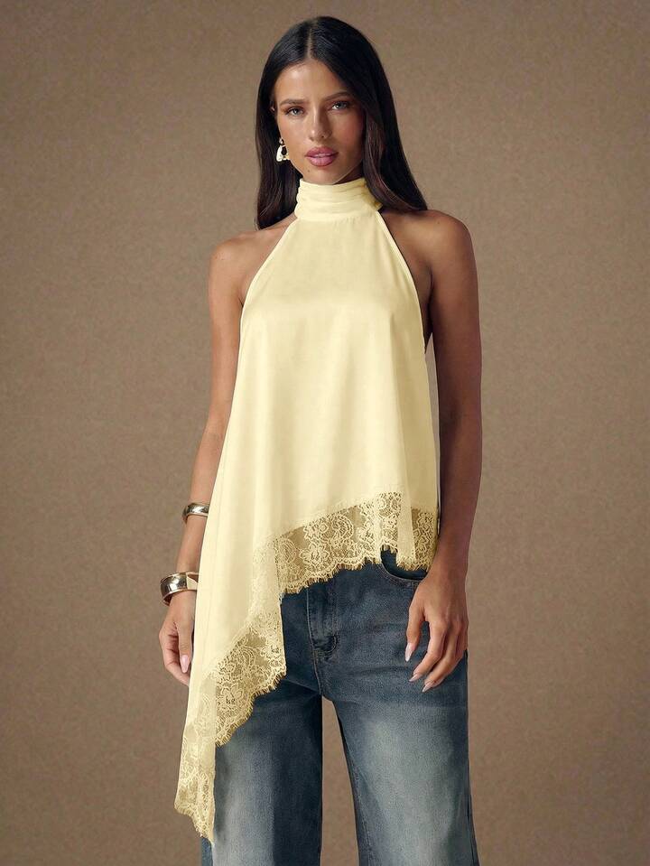 CM-TS451934 Women Elegant Seoul Style Lace Satin Patchwork Sleeveless Trim Backless Camisole Top - Yellow