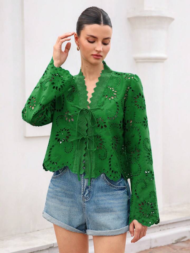 CM-TS773273 Women Trendy Bohemian Style Bowknot Tie Frayed Hem Embroidered Loose Long Sleeve Blouse - Green
