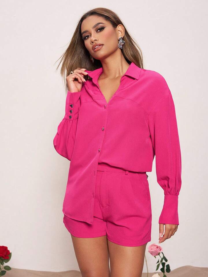 CM-TS560262 Women Casual Seoul Style Loose-Fitting Dropped Shoulder Long Sleeve Shirt - Hot Pink