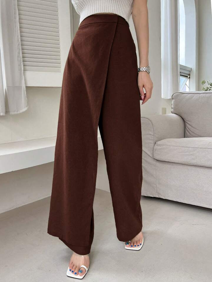CM-BS005160 Women Casual Seoul Style Asymmetric Loose Fit Wide Leg Pants - Coffee Brown