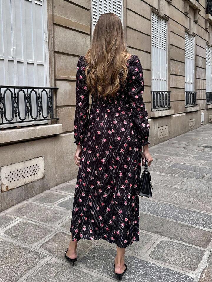 CM-DS297138 Women Casual Seoul Style V-Neck Ruffle Trim Waist Cinched Floral Print Long Sleeve Dress