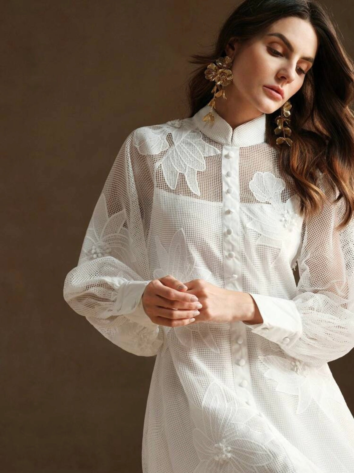 CM-DS866565 Women Elegant Seoul Style Collar Neckline Lace Cinched Waist Lantern Sleeve Dress - White