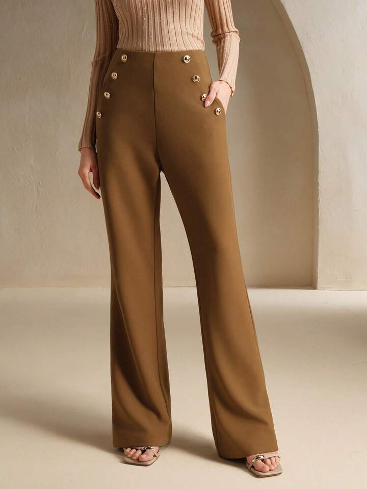CM-BS159857 Women Elegant Seoul Style Metal Buckle Decor Slim Fit Flare Pants - Brown