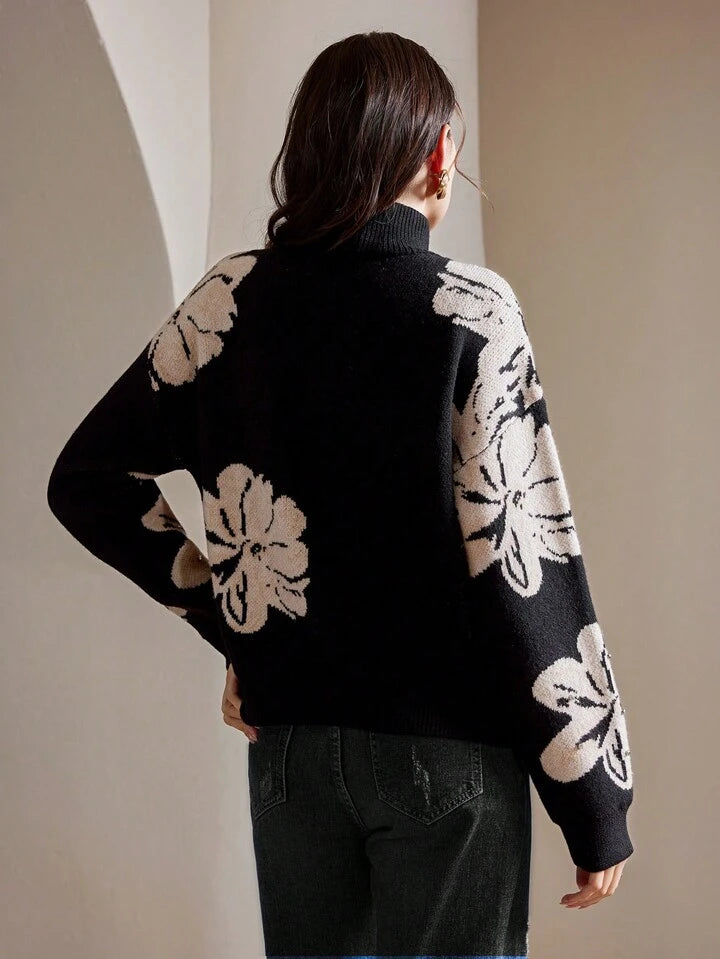 CM-CS877373 Women Casual Seoul Style Stand Collar Long Sleeve Floral Rhinestone Embellished Sweater