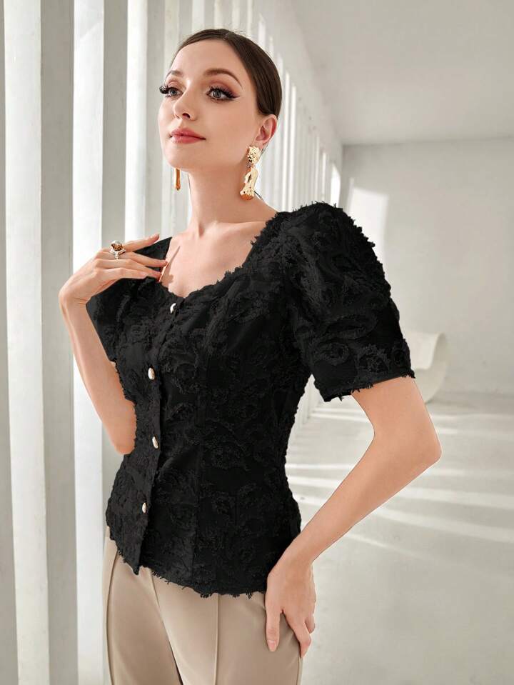 CM-TS507250 Women Elegant Seoul Style Sweetheart Neckline Cut-Out Puff Sleeve Blouse - Black
