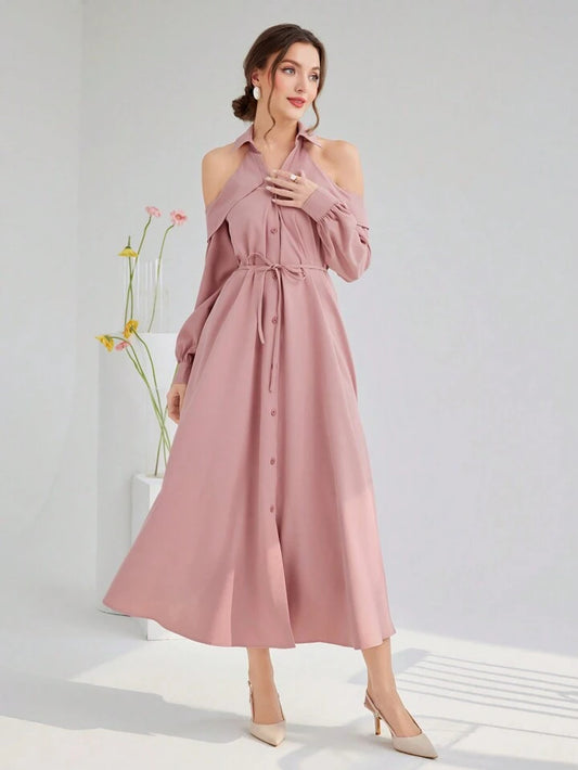 CM-DS022034 Women Elegant Seoul Style Solid Color Cold-Shoulder Button Front Halter Neck Dress - Pink