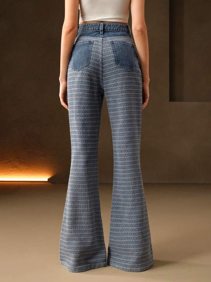 CM-BS083795 Women Casual Seoul Style Jacquard Textured Pattern Flared Leg Jeans - Blue