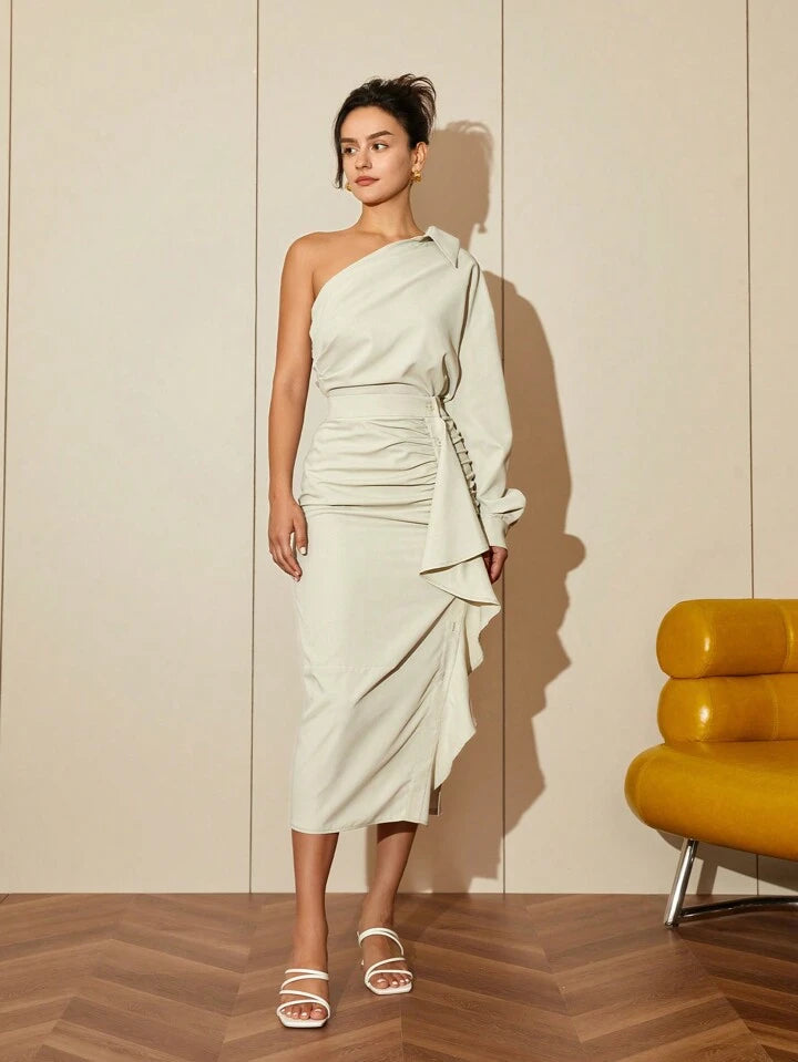 CM-TS863640 Women Elegant Seoul Style Asymmetrical Neck One Shoulder Pleated Blouse