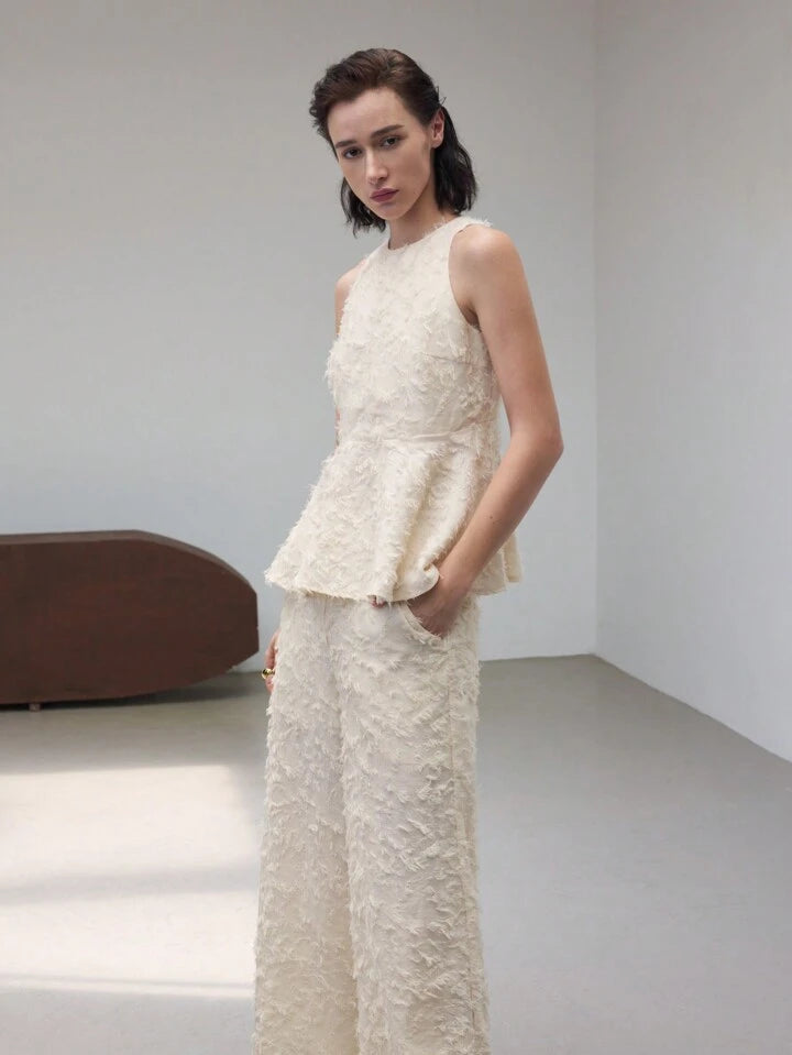 CM-SS081171 Women Elegant Seoul Style Texture Round Neck Sleeveless Top With Wide Leg Pants - Set