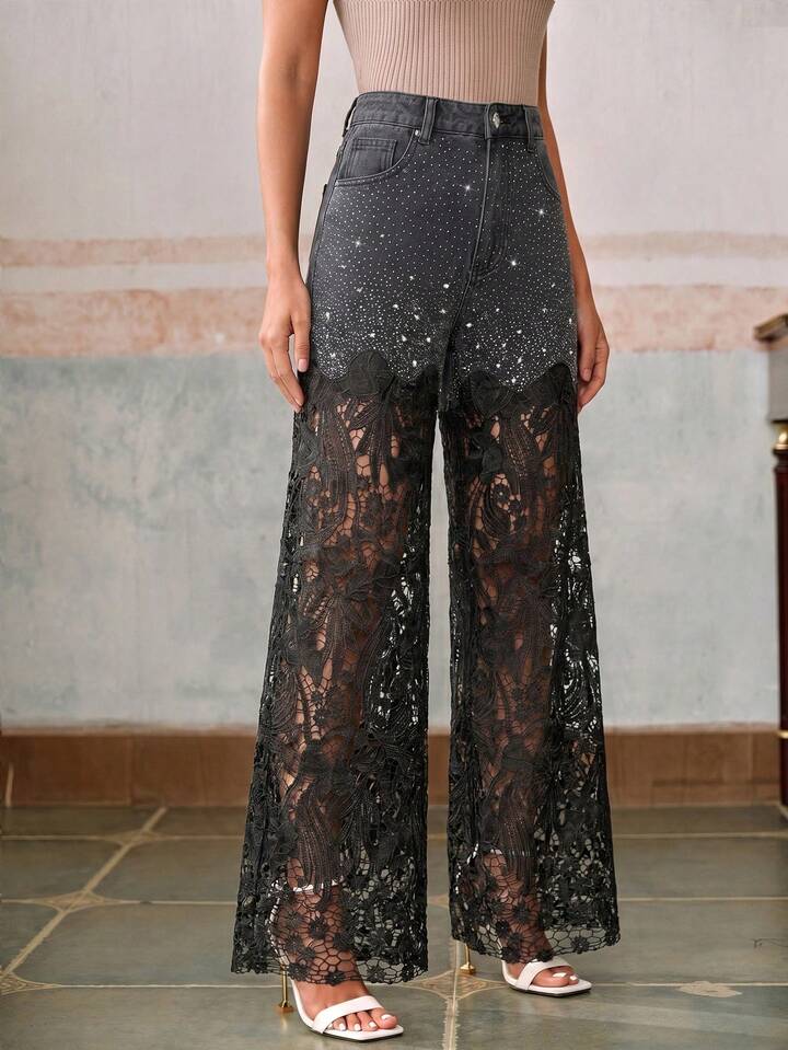 CM-BS979972 Women Elegant Seoul Style Mid Waist Lace Rhinestone Straight Leg Pants - Black