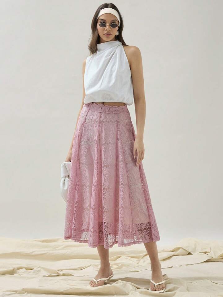 CM-BS666792 Women Trendy Bohemian Style High Waist Lace Pleated A-Line Midi Skirt - Pink