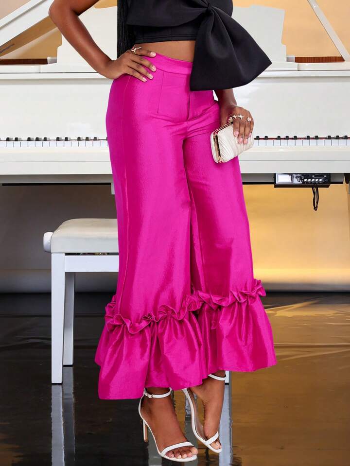 CM-BS639148 Women Elegant Seoul Style Bell Bottom Ruffle Trim Wide Leg Pants - Hot Pink