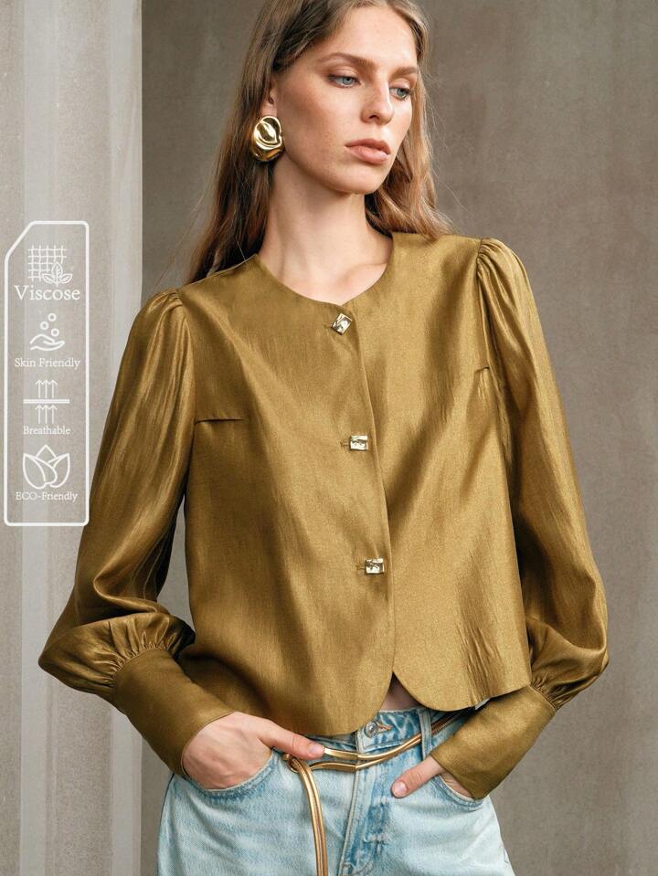 CM-TS487747 Women Elegant Seoul Style Round Neck Extra Long Puff Sleeve Button Front Shirt - Mustard Yellow