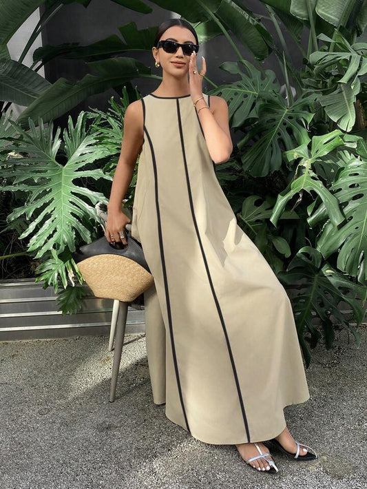 CM-DS359193 Women Casual Seoul Style Color-Conflicting Panels Sleeveless Loose Long Dress - Apricot
