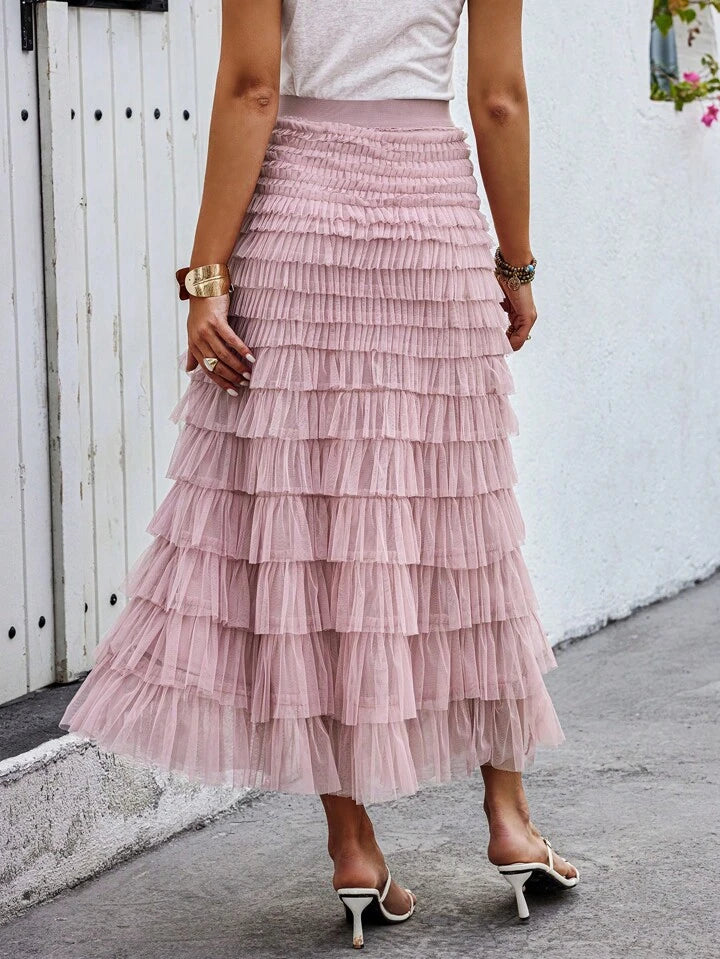 CM-BS003330 Women Casual Seoul Style High Waist Multilayer Mesh Tulle Skirt - Dusty Pink