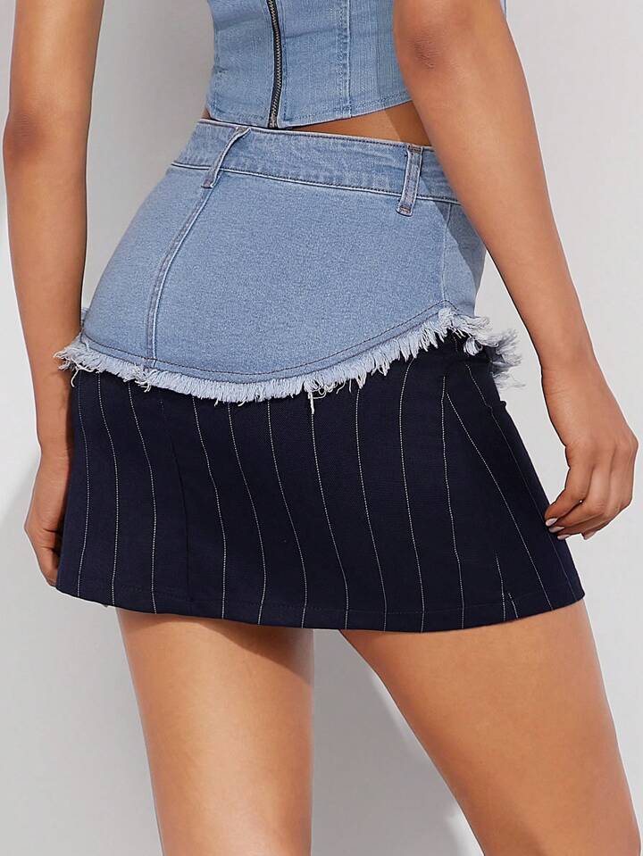CM-BS516152 Women Casual Seoul Style Light Wash Pinstripe Mixed Media Denim Skirt