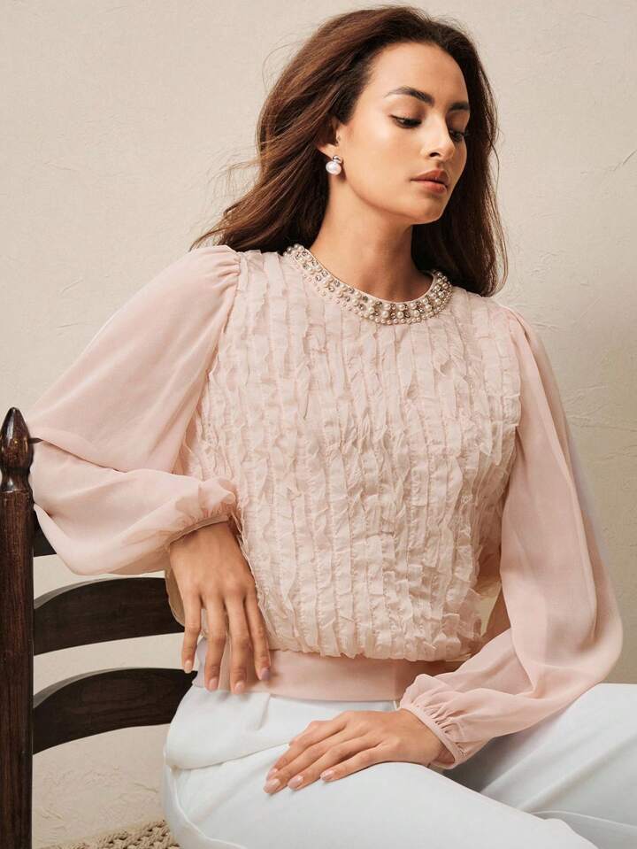 CM-TS386808 Women Elegant Seoul Style Pearl And Rhinestone Embellish Loose Lantern Sleeve Blouse - Pink