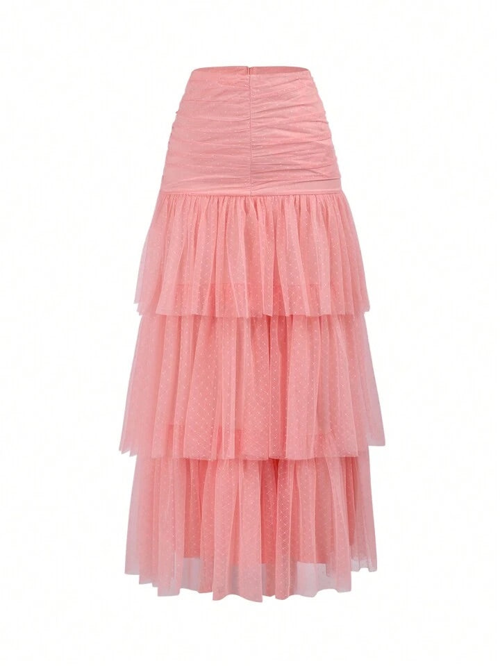 CM-BS236668 Women Elegant Seoul Style High Waisted Mesh Layers Ruffle Trim Skirt - Pink