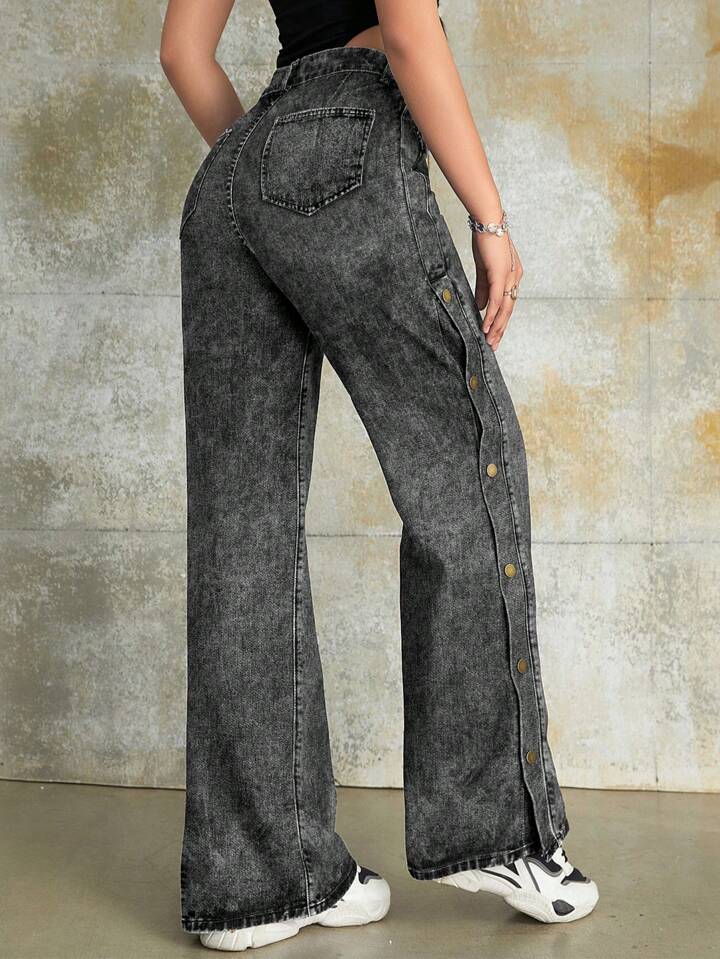 CM-BS145545 Women Vintage Seoul Style High Waist Metal Buckle Side Slant Pocket Wide Leg Jeans - Gray