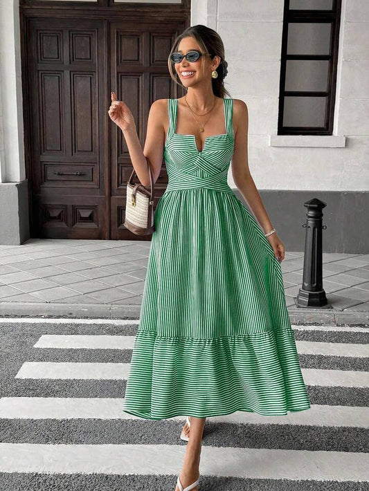 CM-DS946920 Women Trendy Bohemian Style V-Neck Sleeveless Striped Criss-Cross Dress - Green