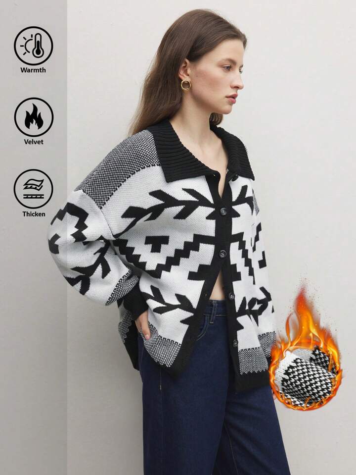 CM-CS360360 Women Casual Seoul Style Color Block Drop Shoulder Jacquard Knit Sweater