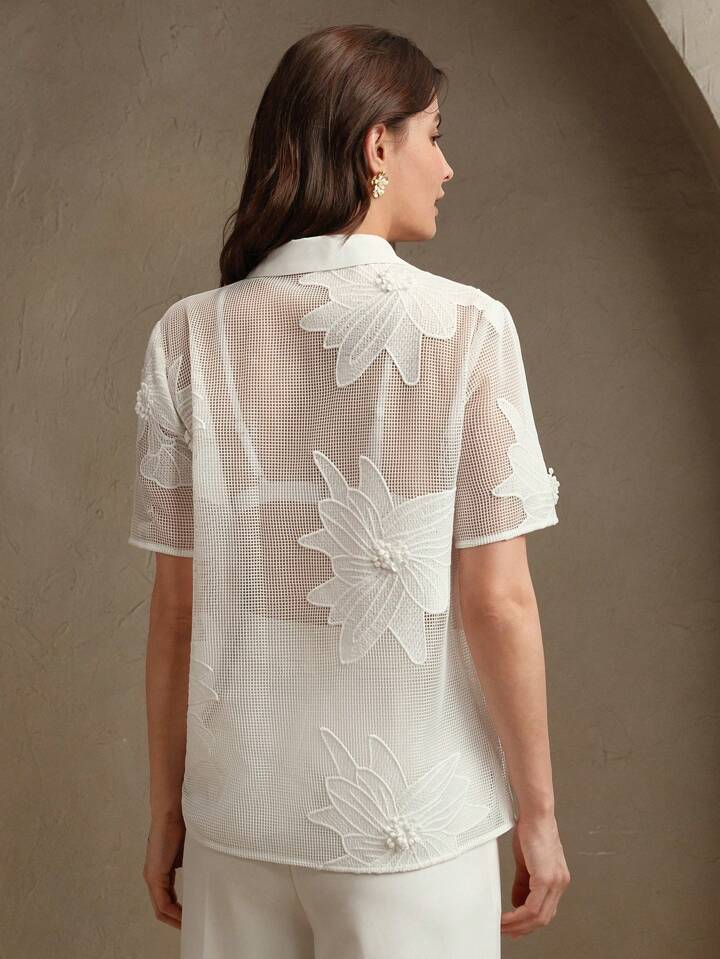 CM-TS032531 Women Elegant Seoul Style Mesh Fabric Embroidery Hollow Short Sleeved Shirt - White